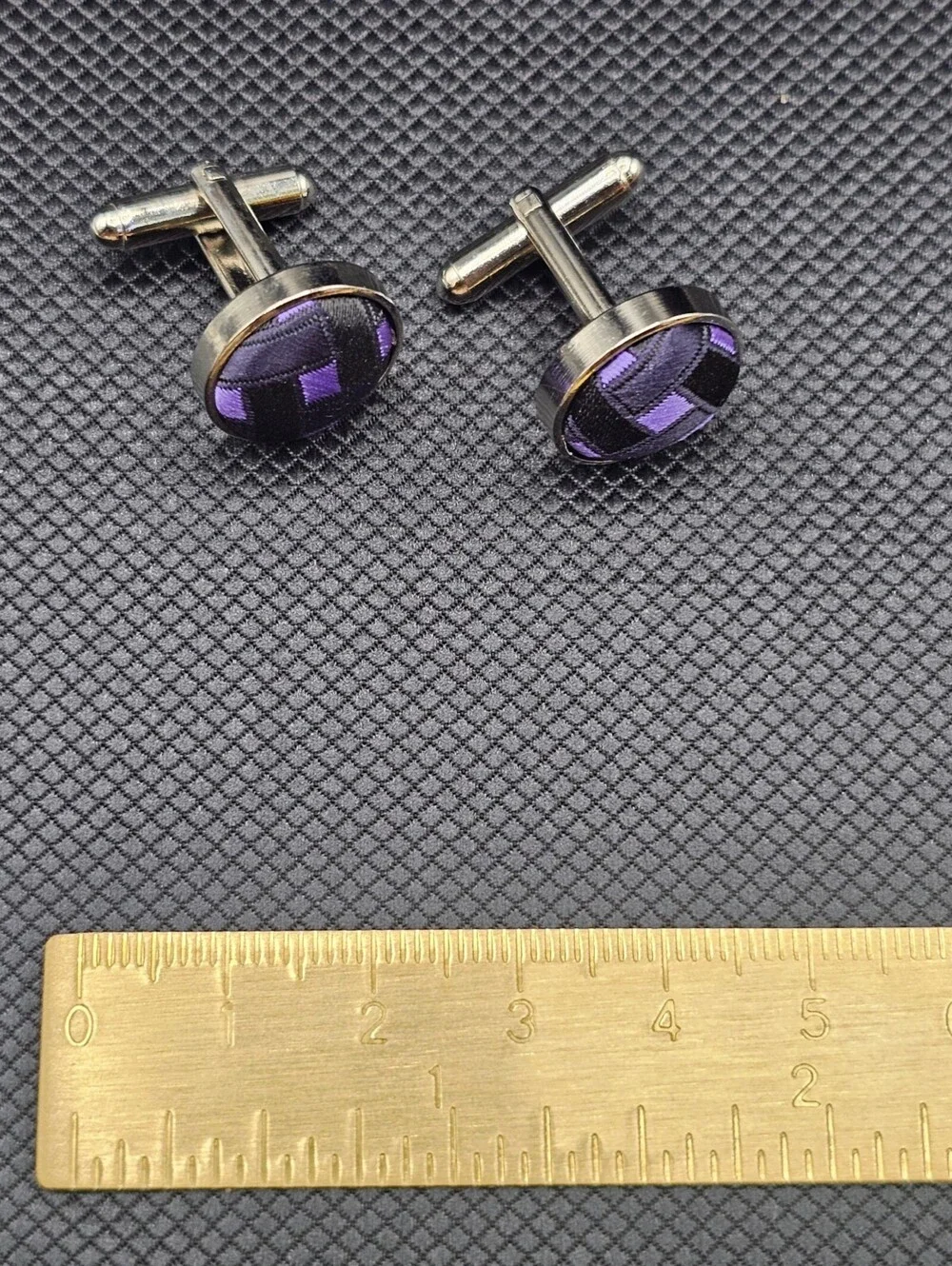Silver Tone Cufflinks with Purple and Black Fabric Inlay